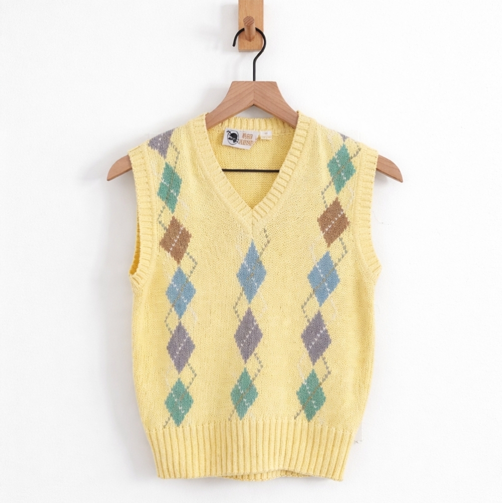 🌼 Vintage Alan Flusser Argyle Sweater Vest – 100% Cotton – Size M
